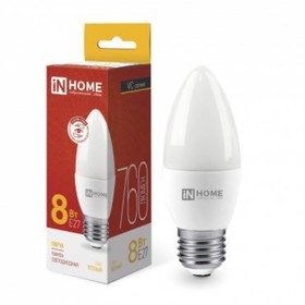 Лампа светодиодная IN HOME, E27, 8 Вт, 760 лм, 3000 К, свечение тёплое белое