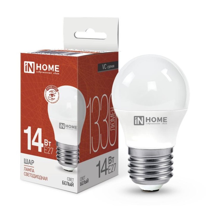 Лампа светодиодная IN HOME, E27, 14 Вт, 4000 К, свечение белое