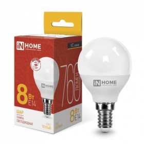 Лампа светодиодная IN HOME, E14, 8 Вт, 760 лм, 3000 К, свечение тёплое белое