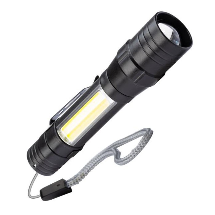 Фонарь аккумуляторный КОСМОС, ручной LED 1Вт + COB 5Вт линза зум АКБ, Li-ion 18650 1А.ч, USB-шнур ABS-пластик - Фото 1