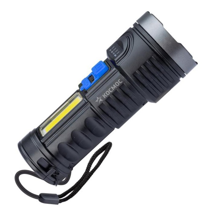 Фонарь аккумуляторный КОСМОС, ручной LED 3Вт + COB 3Вт АКБ, Li-ion 18650 1.2А.ч, индикатор USB-шнур ABS-пластик