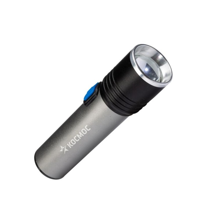 Фонарь аккумуляторный КОСМОС, ручной LED 3Вт линза зум АКБ, Li-ion 18650 1.2А.ч, USB-шнур анодир. алюм.