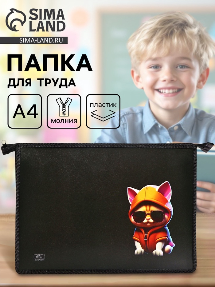 Папка для труда, А4, пластиковая, 23×32.5×5.5 см «Кот крутой» - Фото 1
