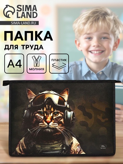 Папка для труда, А4, пластиковая, 23×32.5×5.5 см «Кот камуфляж»