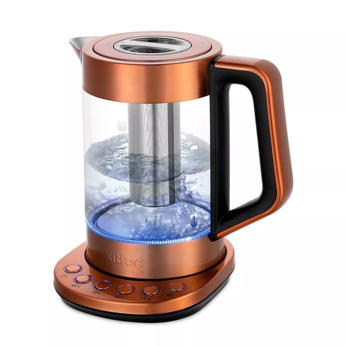 Чайник электрический Kitfort КТ-6655, стекло, 1.7 л, 2200 Вт, цвет медь - Фото 1
