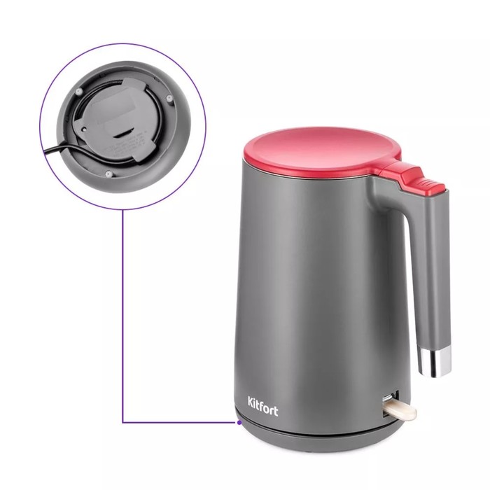 Чайник электрический Kitfort КТ-6662-2, пластик, колба металл, 1.5 л, 2200 Вт, серо-красный