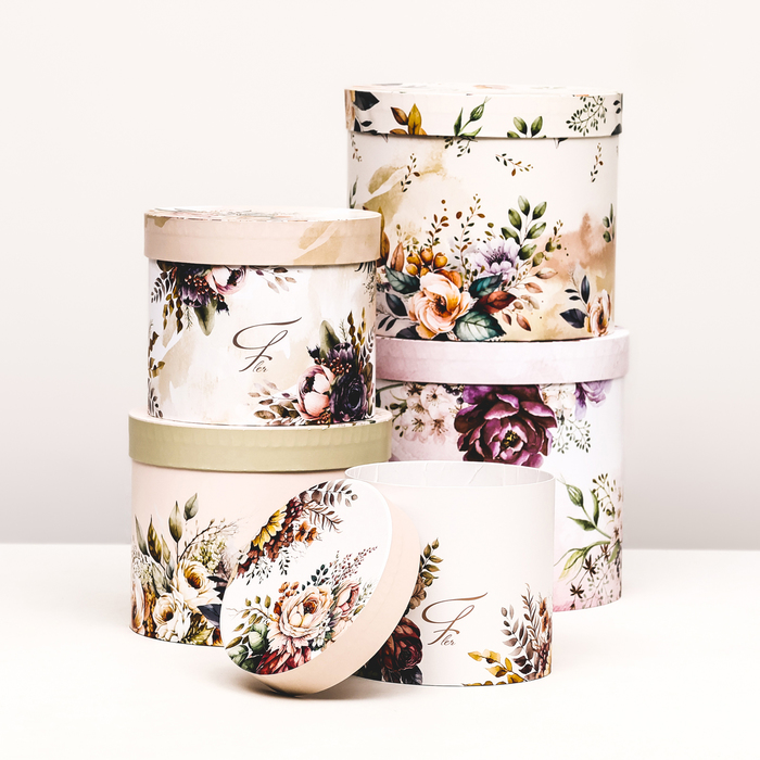 Набор шляпных коробок 5 в 1 «Пёстрые цветы», 22×19.5, 14×13 см - Фото 1