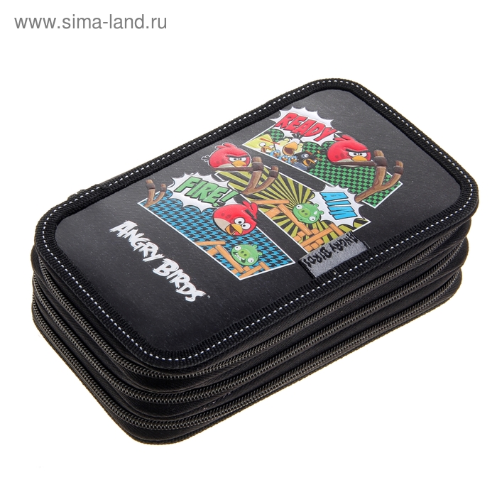Пенал 3 секции 200*90 мм, с наполнением, Angry Birds черный - Фото 1