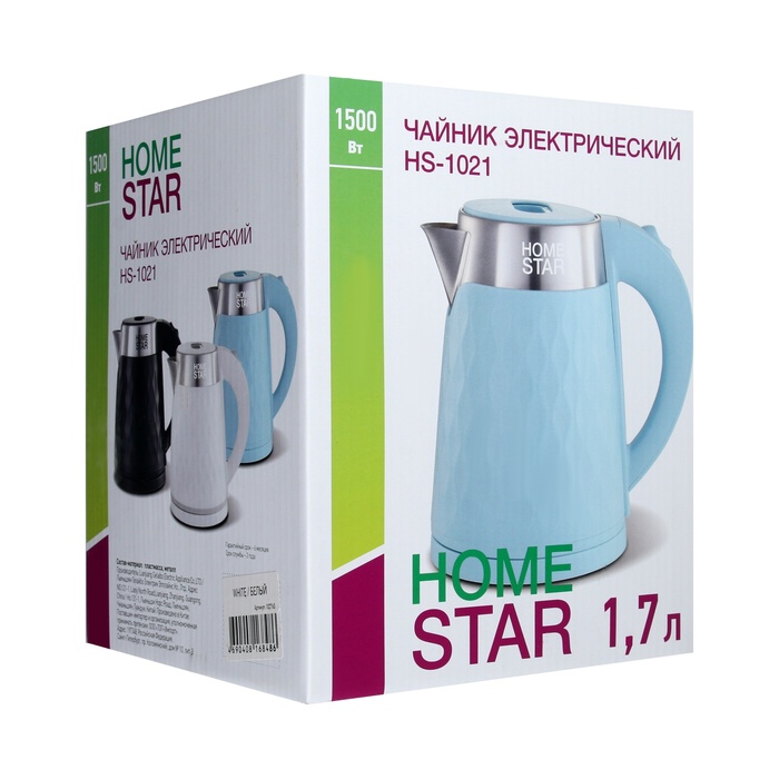 Чайник электрический Homestar HS-1021, пластик, колба металл, 1.7 л, 1500 Вт, белый