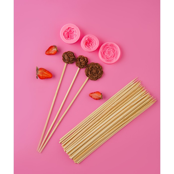 Молды для заливки «Роза», силикон, набор 3 шт., d=5/4.5/4 см, шампуры 45 шт., розовые - Фото 1