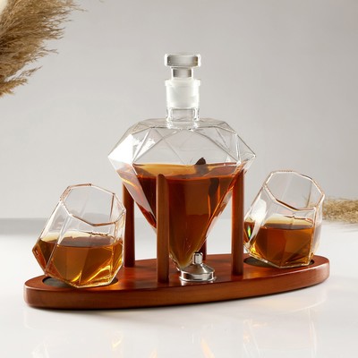 Мини-Бар «Рубин», на подставке, на 2 персоны, штоф - 880 мл, стаканы - 200 мл, 32.5×13×23.5 см, стекло, дерево