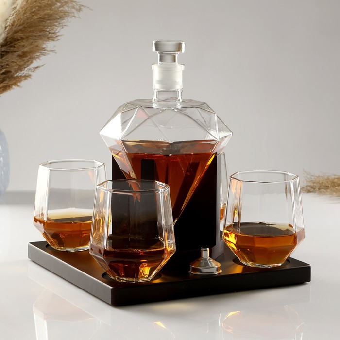 Мини-Бар «Рубин», на подставке, штоф - 880 мл, стаканы - 200 мл, 13.5×23×23 см, стекло, дерево - Фото 1