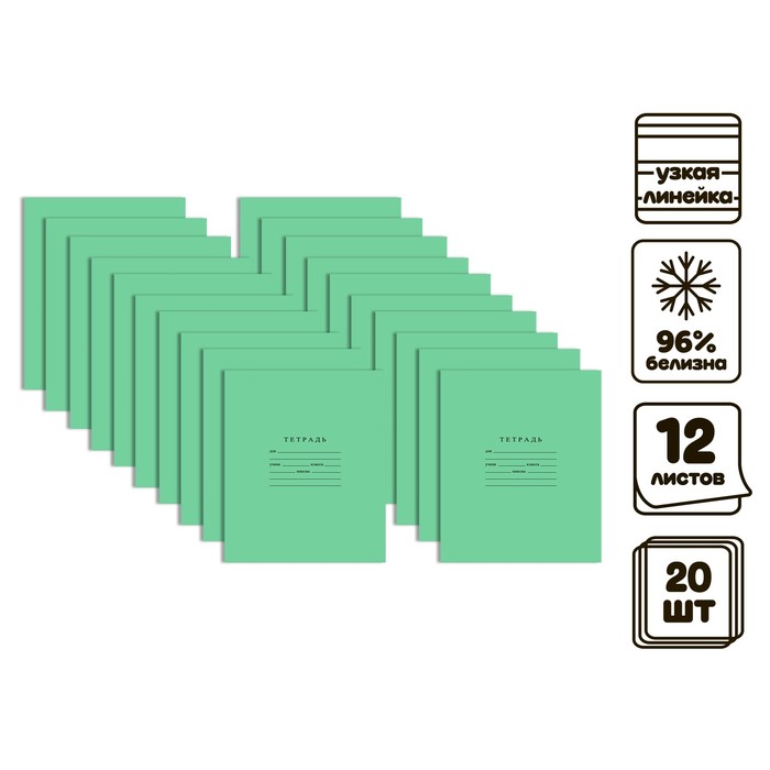 Комплект тетрадей из 20 штук, 12 листов в узкую линию Бумажная фабрика "Зелёная обложка", 60 г/м2, блок офсет, белизна 96% - Фото 1