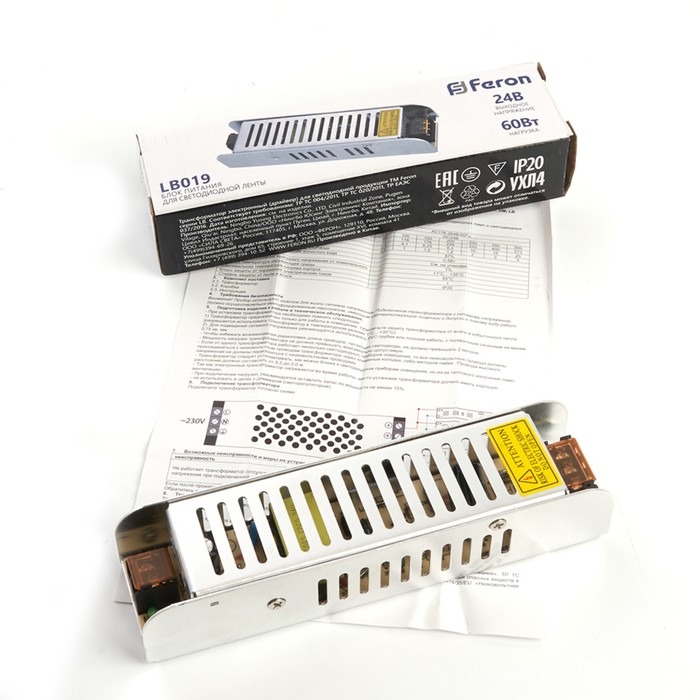 Трансформатор электронный для светодиодной ленты 24 Вт, Feron, LB019, 2.5A, 60 Вт - фото 1903799759