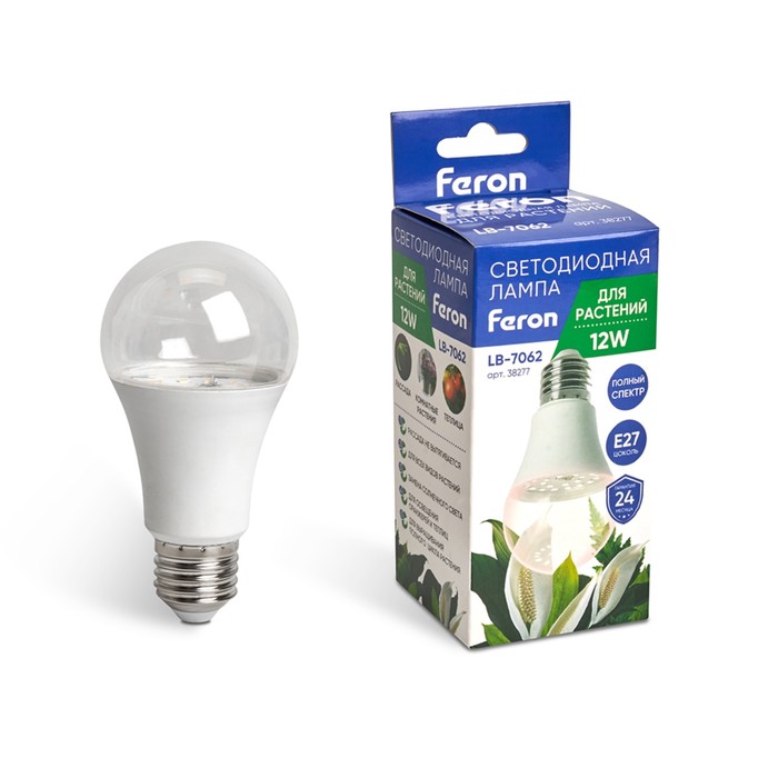 Лампа для растений Feron, E27, 12 Вт, 175-265 В, полный спектр - Фото 1