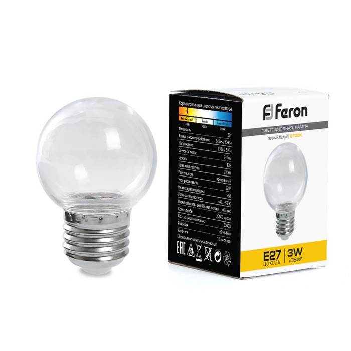 Лампа светодиодная Feron, E27, 3 Вт, 230 В, белый теплый свет - Фото 1