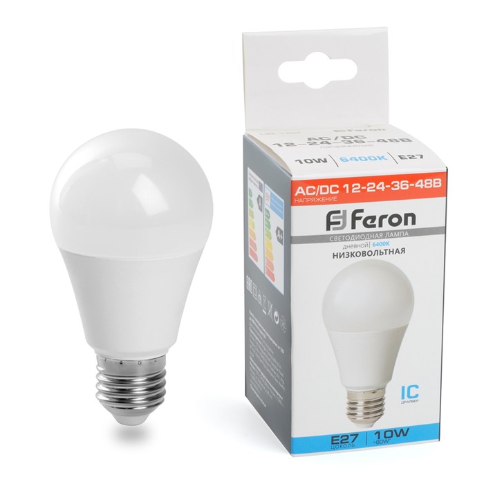 Лампа светодиодная Feron, E27, 10 Вт, 12-48 В, дневной свет - Фото 1