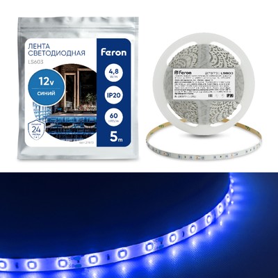 Светодиодная лента Feron 5 м, IP20, SMD2835, 60 LED/м, 4,8 Вт/м, 12 В, свечение синее