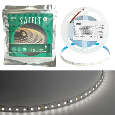 Светодиодная лента Saffit, 5 м, SMD2835, 120 LED/м, 9,6 Вт/м, 12В, свечение нейтральное белое