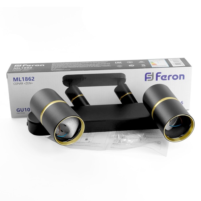 Светильник настенно-потолочный Feron ML1862, IP20, GU10, 2х35 Вт, 260х55х165 мм, цвет чёрный/золото - фото 1927147749