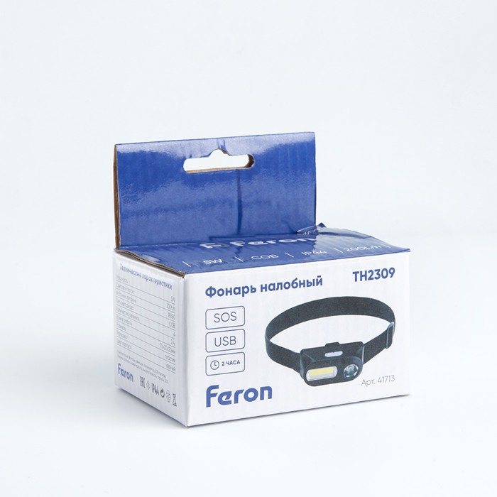 Фонарь налобный Feron TH2309 с аккумулятором USB 1х18650, 3W+2W XPE+COB IP44, пластик - фото 1903804767