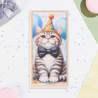 Конверт для денег "С Днём Рождения!" кот с колпаком, ручная работа, 16х8 см - фото 321565373