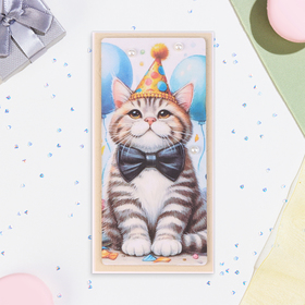 Конверт для денег "С Днём Рождения!" кот с колпаком, ручная работа, 16х8 см
