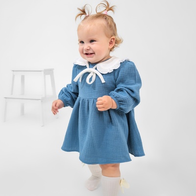 Платье для девочки с воротничком «Крошка Я. Муслин», рост 68-74 см, тёмно-синее