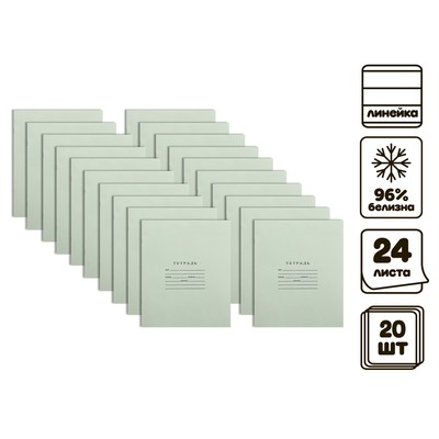 Комплект тетрадей из 20 штук, 24 листа в линию Бумажная фабрика "Зелёная обложка", 60 г/м2, блок офсет, белизна 96%