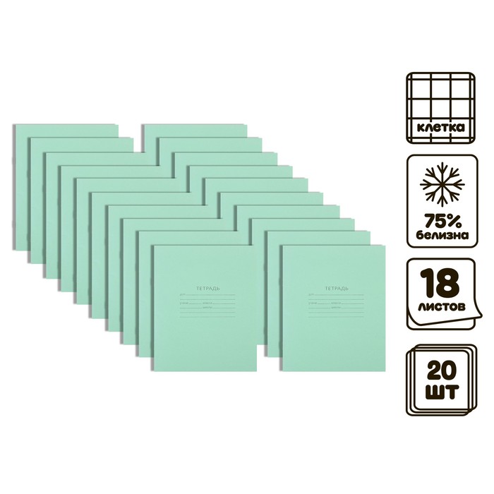 Набор тетрадей «Зелёная обложка» 20 штук, 18 листов в клетку, эконом, плотность 60 г/м² - Фото 1