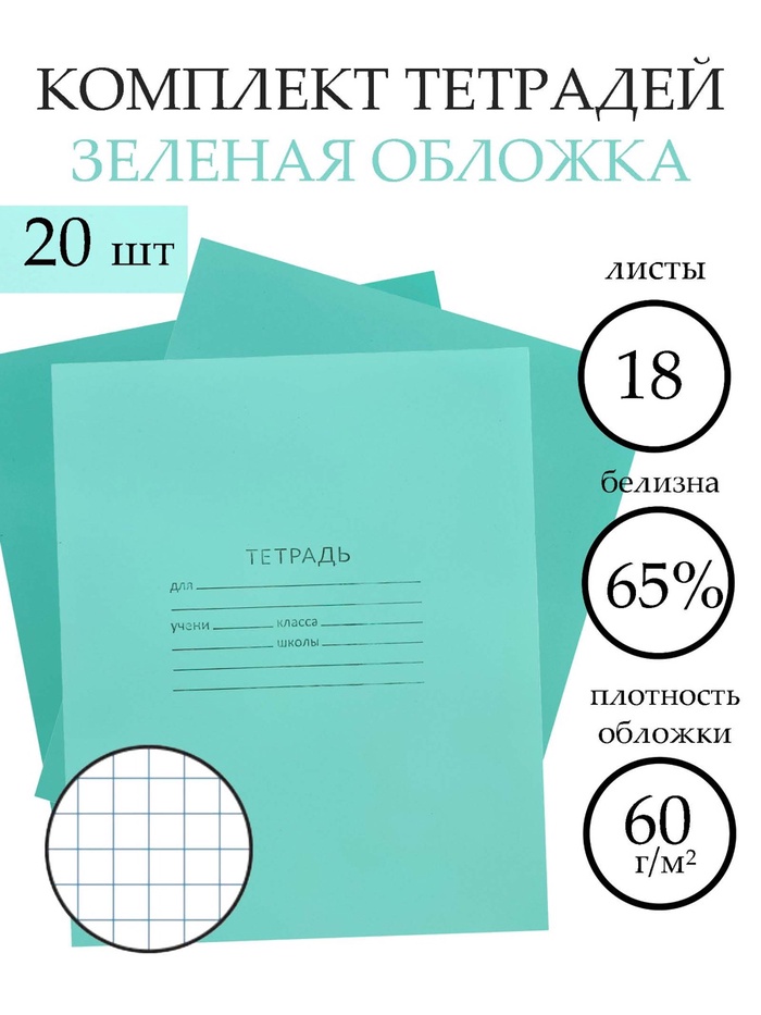 Набор тетрадей «Зелёная обложка» 20 штук, 18 листов в клетку, эконом, плотность 60 г/м² - Фото 1