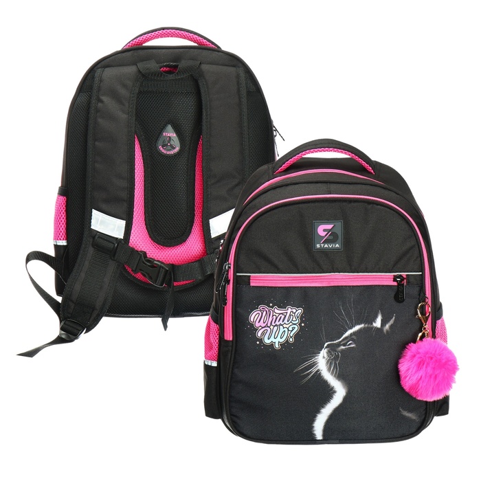 Рюкзак школьный, 40 х 33 х 19 см, эргономичная спинка, Stavia "Кошка", чёрный/розовый - Фото 1