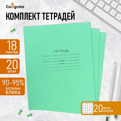 Набор тетрадей «Зелёная обложка» 20 штук, 18 листов в клетку, плотность 65 г/м²