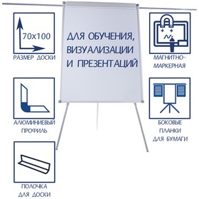 Флипчарт магнитно-маркерный с боковыми планками 70х100 см, Calligrata, в алюминиевом профиле, на треноге