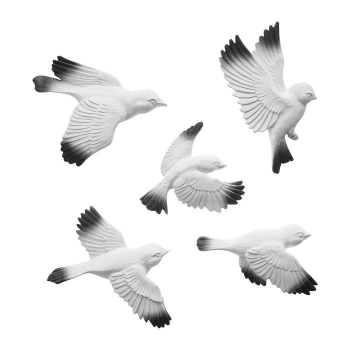Декор настенный, гипсовое панно "Птицы" 5 шт, белые с черными крыльями - фото 1906723573