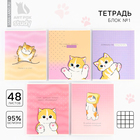 Тетрадь в клетку, 48 л., А5, на скрепке, блок №1 «Котик с лапками» МИКС - Фото 1