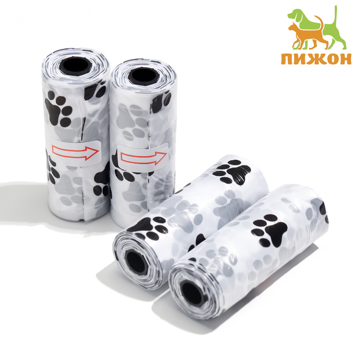Пакеты для уборки за собаками с печатью "Лапки" (4 рулона по 15 пакетов 29х21 см), белый - Фото 1