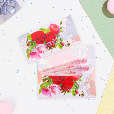 Конверт для денег "С Днём Рождения!" бабочка на розе, тиснение, 16,5 х 8,5 см