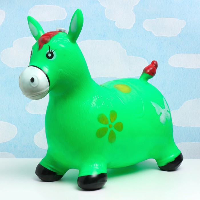 Игрушка - прыгун детская Музыкальная Лошадка резиновая надувная, 50х30см, зеленая