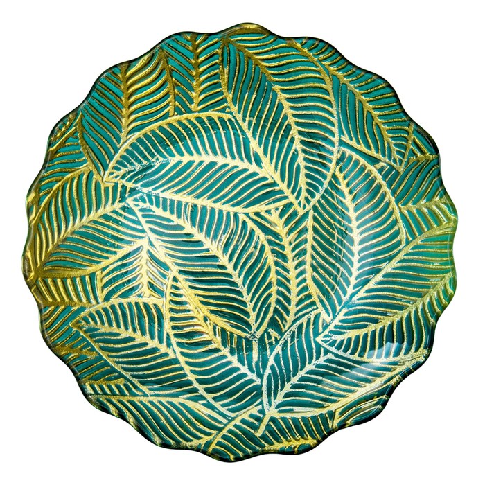 Блюдо стеклянное с волнистыми краями «Листья», d=305 мм, цвет зелёный / золотой - Фото 1