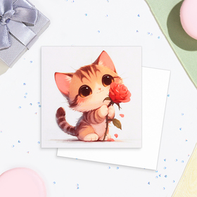Мини-открытка "Универсальная" котик с розой, 7,5 х 7,5 см