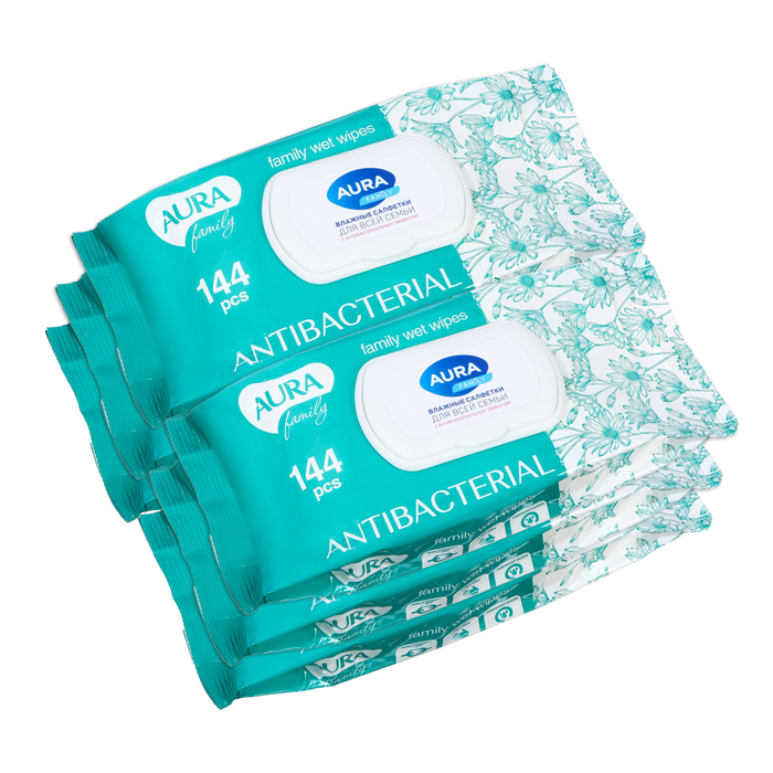 Влажные салфетки Aura Family антибактериальные, 6 упаковок по 144 шт - Фото 1