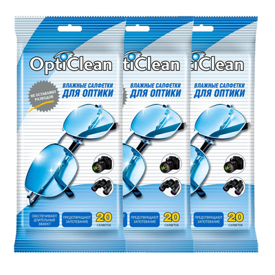 Влажные салфетки OptiClean» для оптики, 3 упаковок по 20 шт