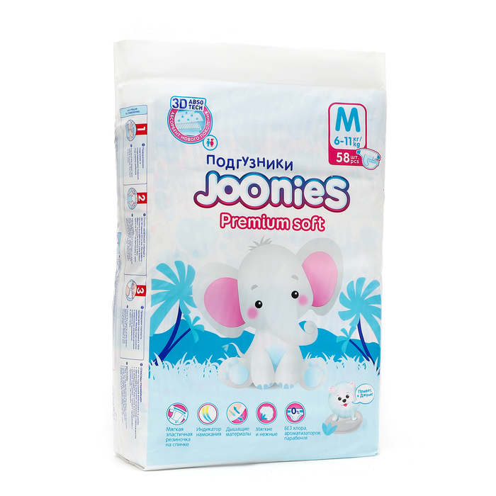 

Подгузники-трусики JOONIES Premium Soft, размер M (6-11 кг), 58 шт.