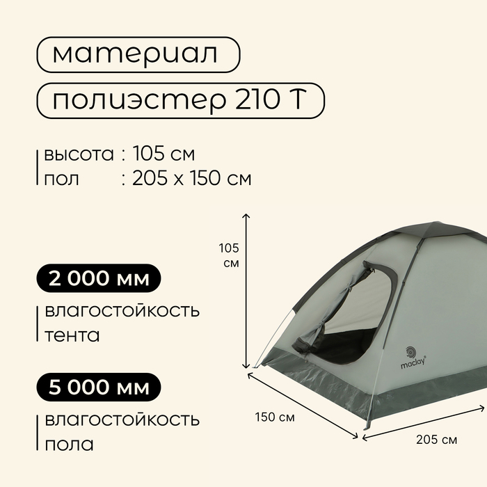 Палатка трекинговая maclay FISHT 2, 205х150х105 см, 2-местная