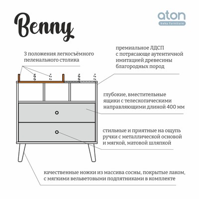 Комод пеленальный детский Benny, ЛДСП, 80×88×69 см, 2 ящика, черный, кашемир