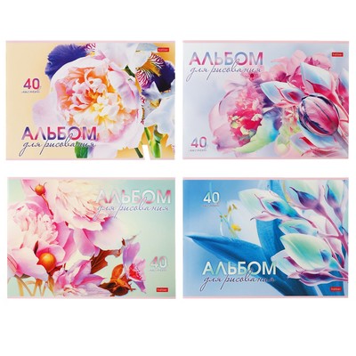 Альбом для рисования A4, 40 листов "Грация цветов", обложка мелованный картон, тиснение, блок 100 г/м2, МИКС