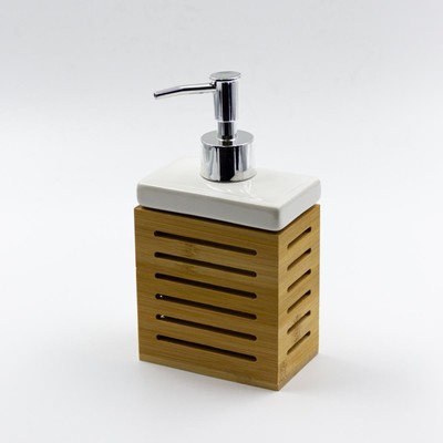 Дозатор для жидкого мыла Joy Home, керамика, белый с рамкой из бамбука