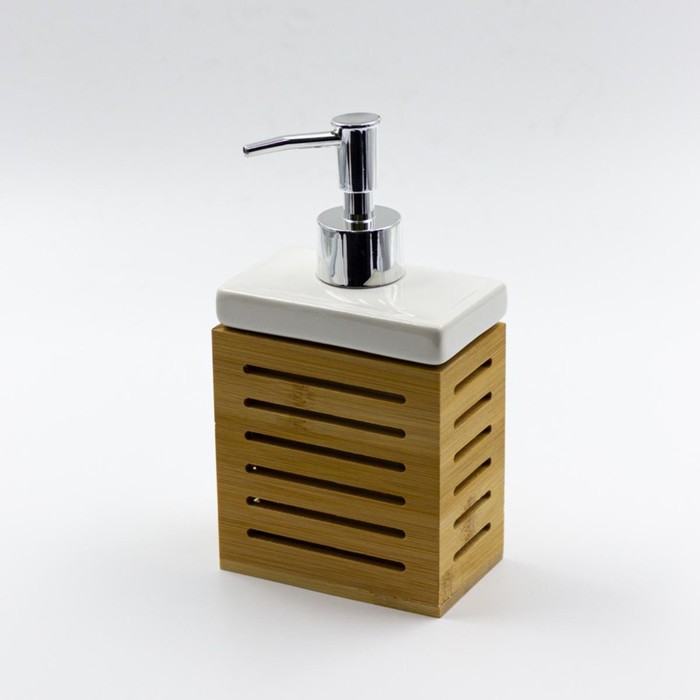 Дозатор для жидкого мыла Joy Home, керамика, белый с рамкой из бамбука - фото 1909648755