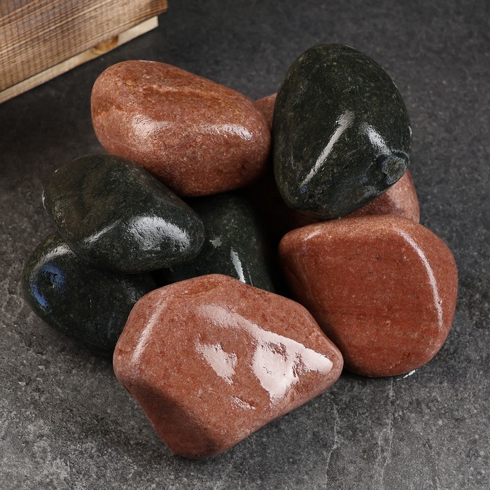 Камень для бани Дуэт, Красное-Черное, малиновый кварцит и оливин Ящик 10 кг